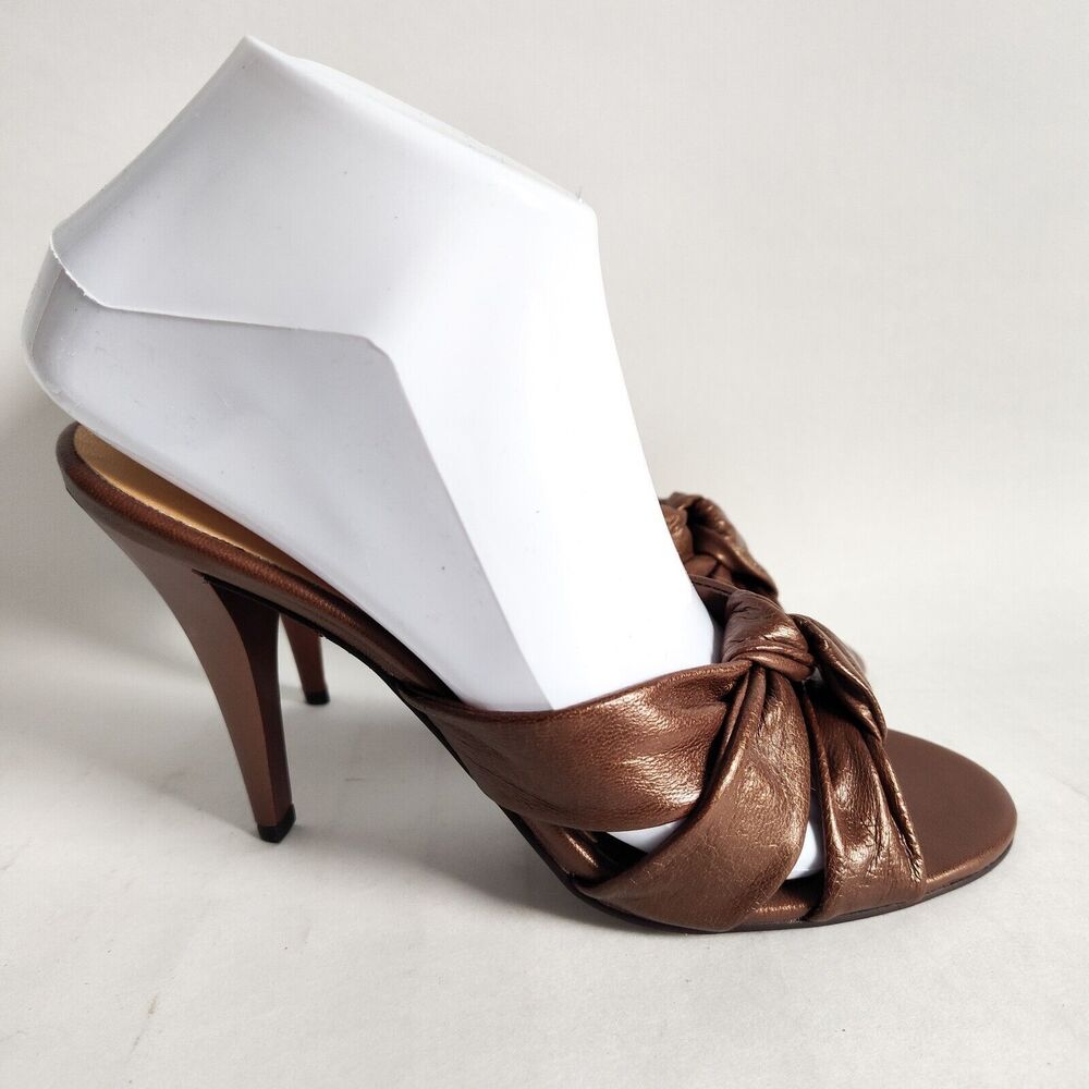 Y2K BCBG Paris Metallic Brown High Heels Open Toe Knot Bow Stiletto Mules 7.5